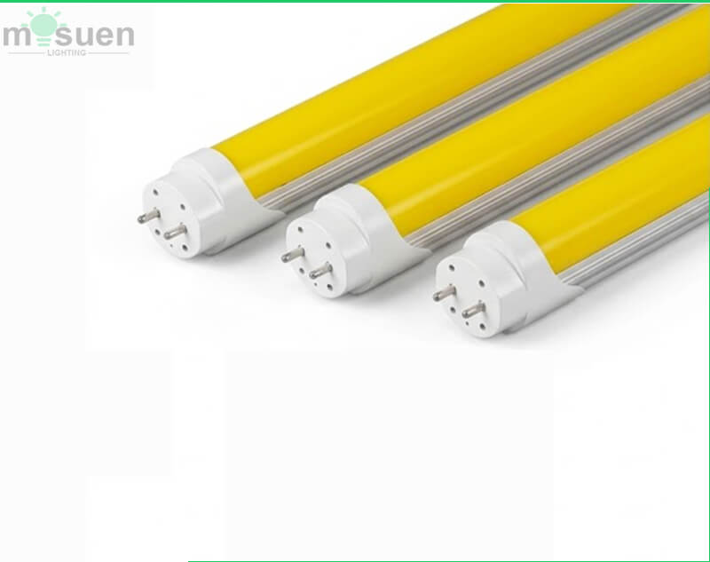 Tubo LED T8 amarillo sin UV usado en tiendas y espacios comerciales
