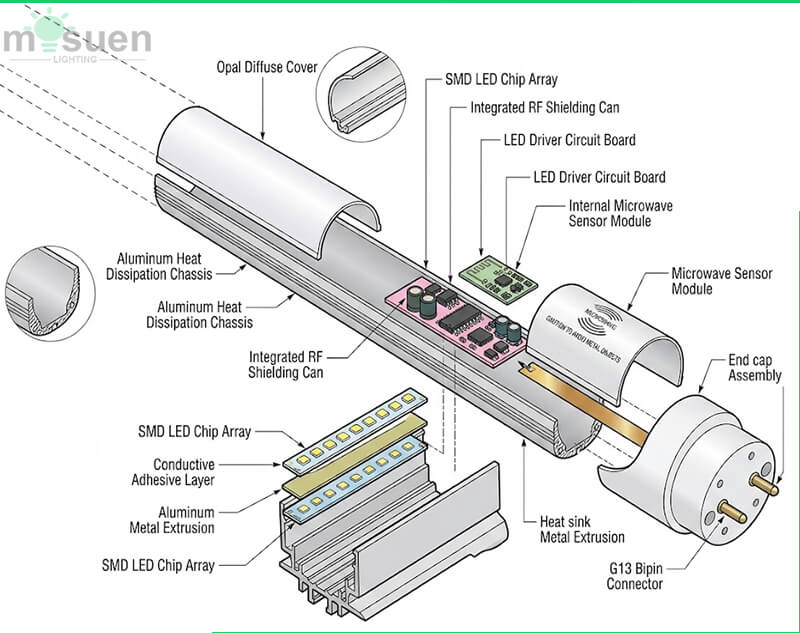 Tubo LED T8 con sensor de microondas usado en parking y garajes