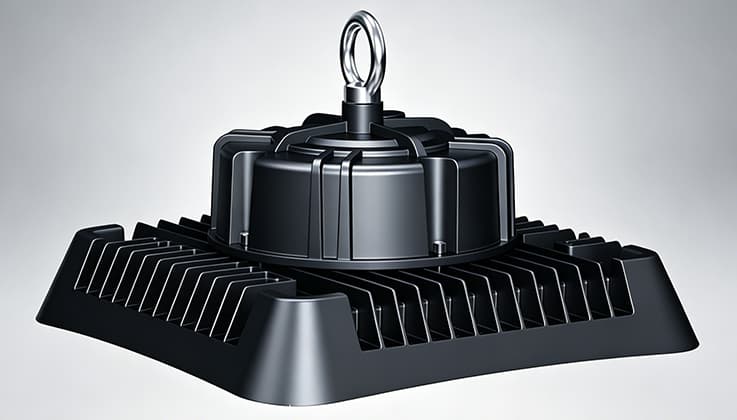 170lm/W Square UFO high bay LED light illuminating warehouse aisle with shelving racks at 8 meter ceiling height