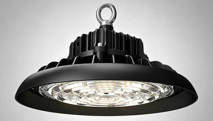 Higher quality switchable 3-power UFO high bay 190lm/W efficiency versus traditional metal halide fixtures and older generation LED high bay lights demonstrating energy savings and luminous output