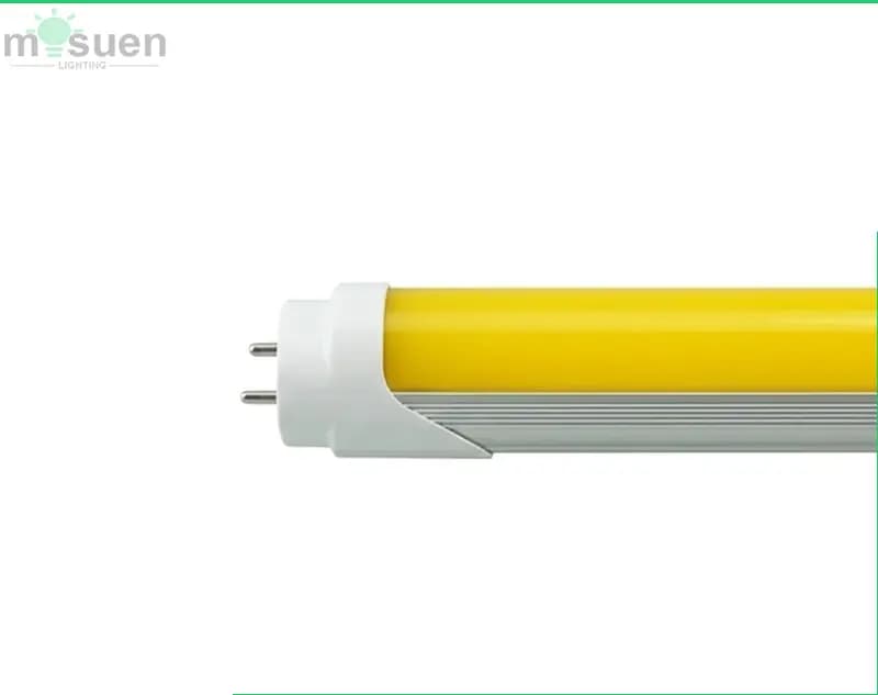 Close-up of the yellow cover LED tube, showing how it diffuses light to reduce blue light and protect eyes, ideal for sensitive environments