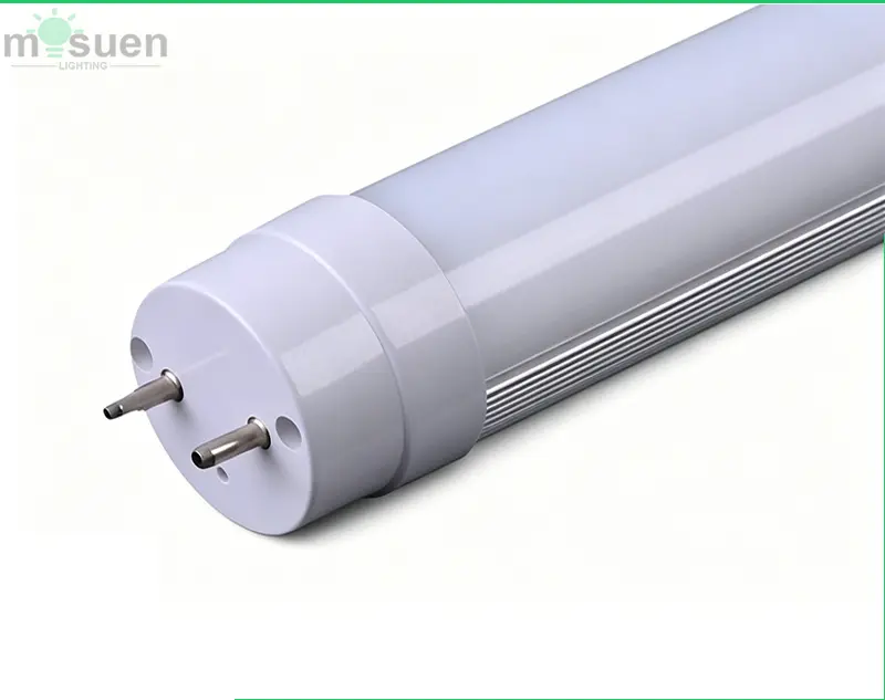 Close-up of 200lm/W T8 LED tube end-cap with specifications and premium driver detail
