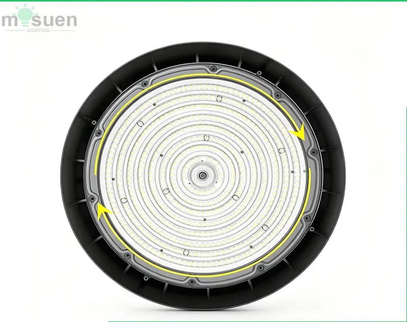 UFO-style LED high bay fixture with high efficacy 210lm/W class performance