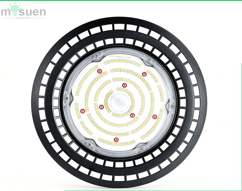 Professional installation example of UFO highbay LED in warehouse ceiling showing proper mounting brackets and cable routing