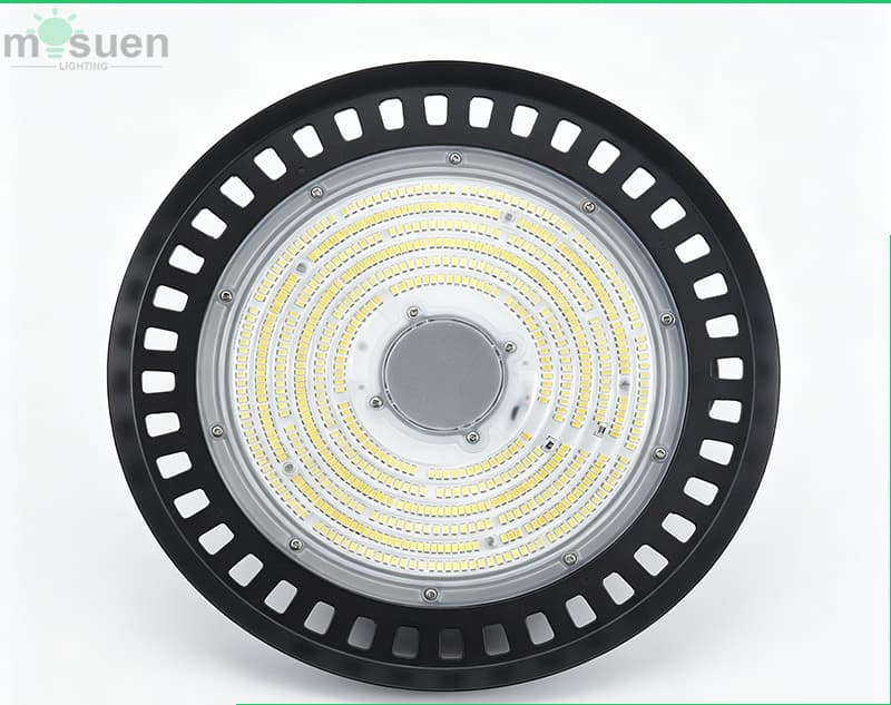 210lm/W LED high bay light with switchable CCT 4000K 5000K 6000K and power 150W 120W 90W, IP65 IK08 aluminum housing for large factory warehouse ceiling installation