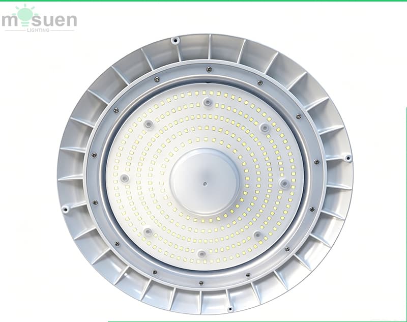 Professional warehouse installation of UFO high bay lights with smooth white housing demonstrating industrial application