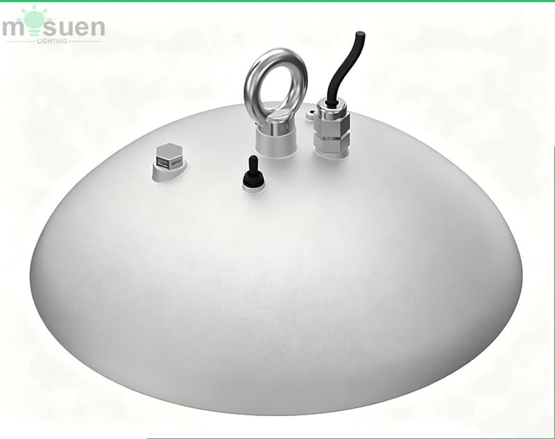 360-degree view of UFO high bay with smooth white finish aluminum housing complete structural design