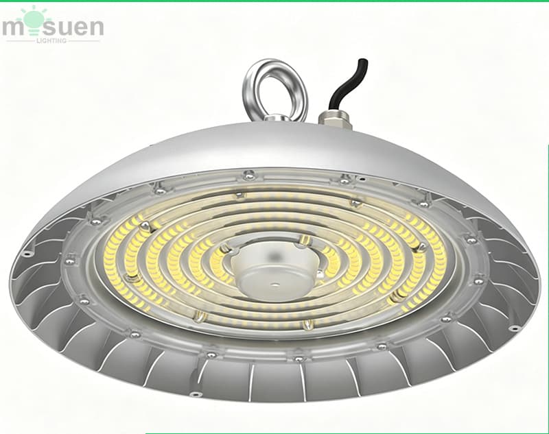 UFO high bay light smooth white housing front view showing round design and aluminum construction