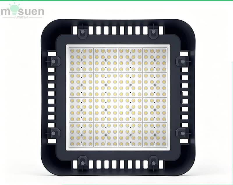 Real-world installation of square UFO high bay lights in large warehouse facility showing uniform light distribution