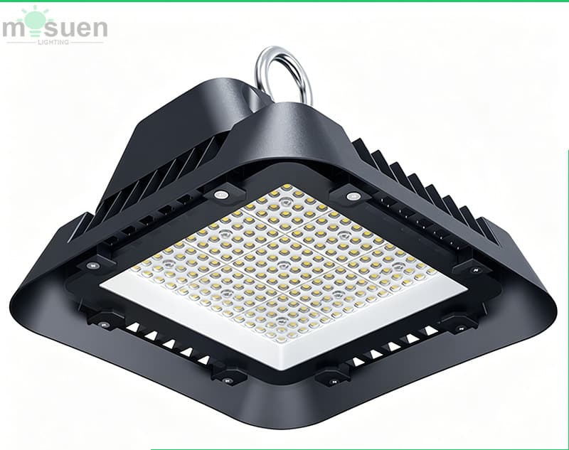 Mounting bracket and installation guide showing square UFO light fixture ceiling mounting options for warehouses