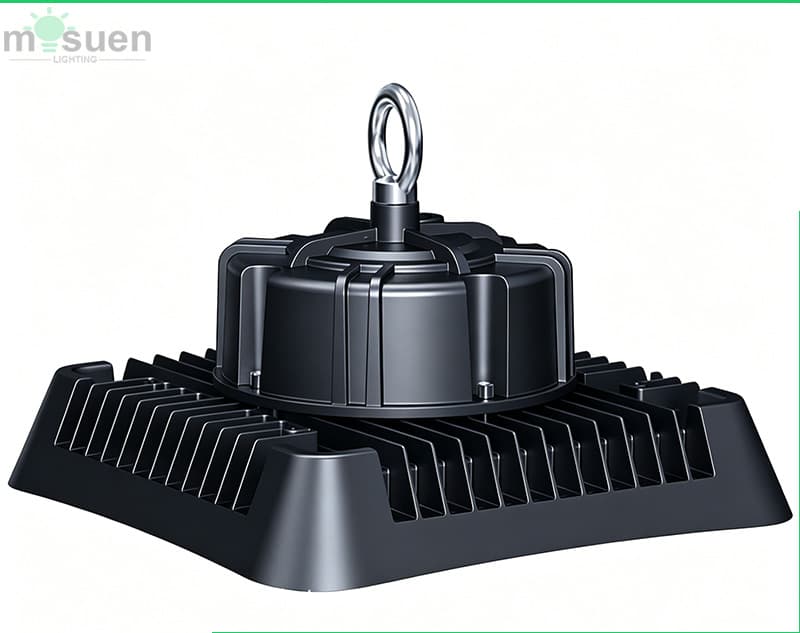 Detailed close-up view of aluminum housing and heat dissipation design for square UFO high bay light fixture