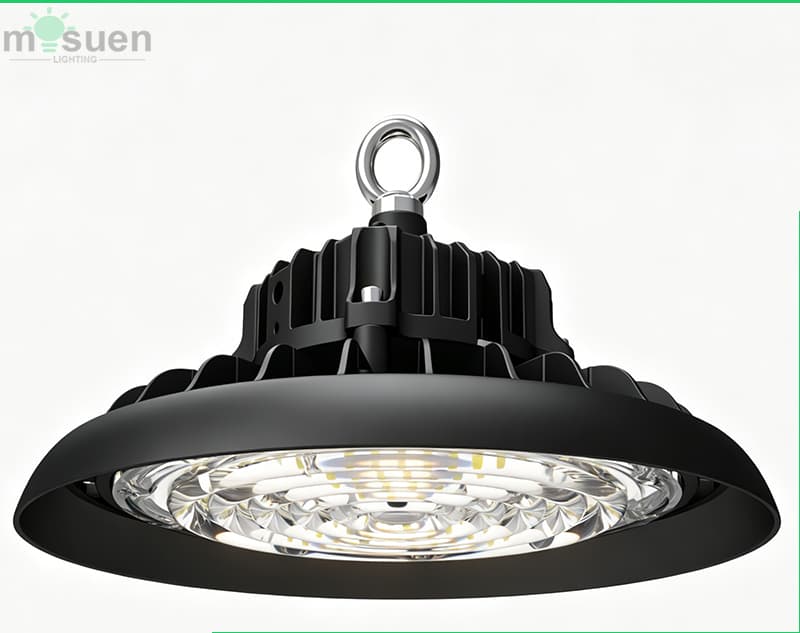 Switchable 3-power UFO high bay light 190lm/W front view showing aluminum housing, integrated LED module, and mounting bracket for warehouse ceiling installation