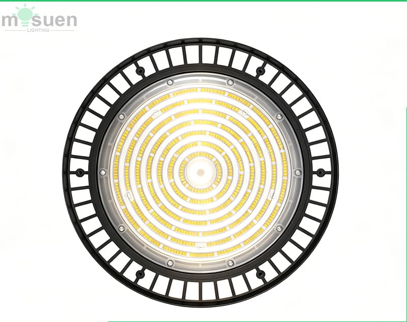 Detailed view of aluminum housing, heat sink design, and flicker-free driver on switchable LED high bay
