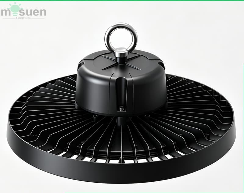 Switchable UFO LED high bay light installed in warehouse ceiling showing professional mounting and light distribution