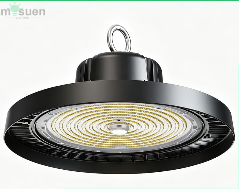 210lm/W switchable UFO LED high bay light front view showing dome design and aluminum housing