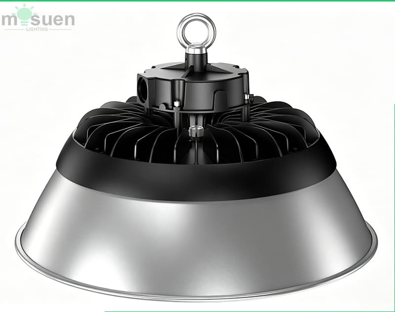 Industrial LED High Bay Installed in Large Factory Warehouse Ceiling